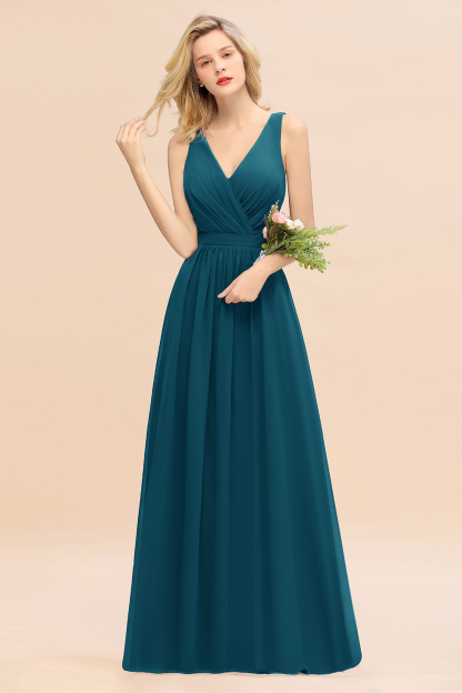 Elegant Chiffon V-neck Wide Straps A-line Floor-length Bridesmaid Dress With Bowknot
