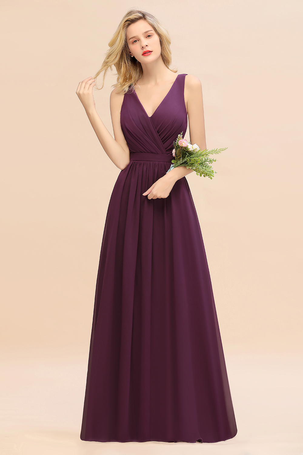 Elegant Chiffon V-neck Wide Straps A-line Floor-length Bridesmaid Dress With Bowknot