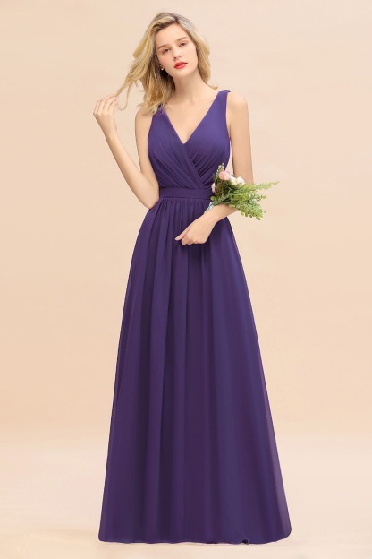 Elegant Chiffon V-neck Wide Straps A-line Floor-length Bridesmaid Dress With Bowknot