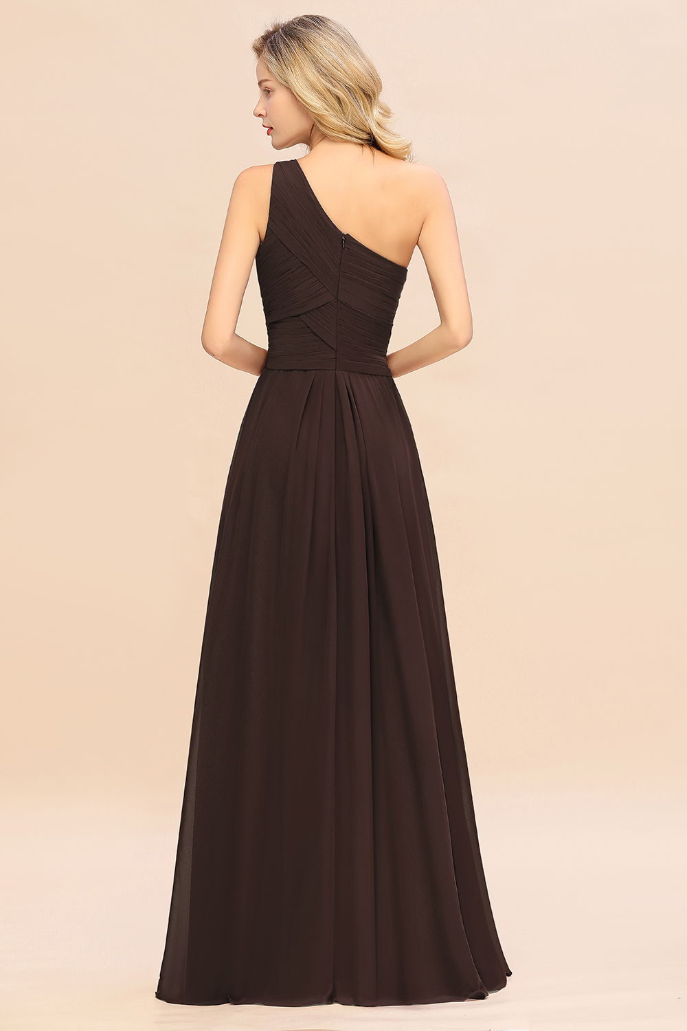 Elegant Chocolate A-line Chiffon Ruffles One Shoulder Long Bridesmaid Dress