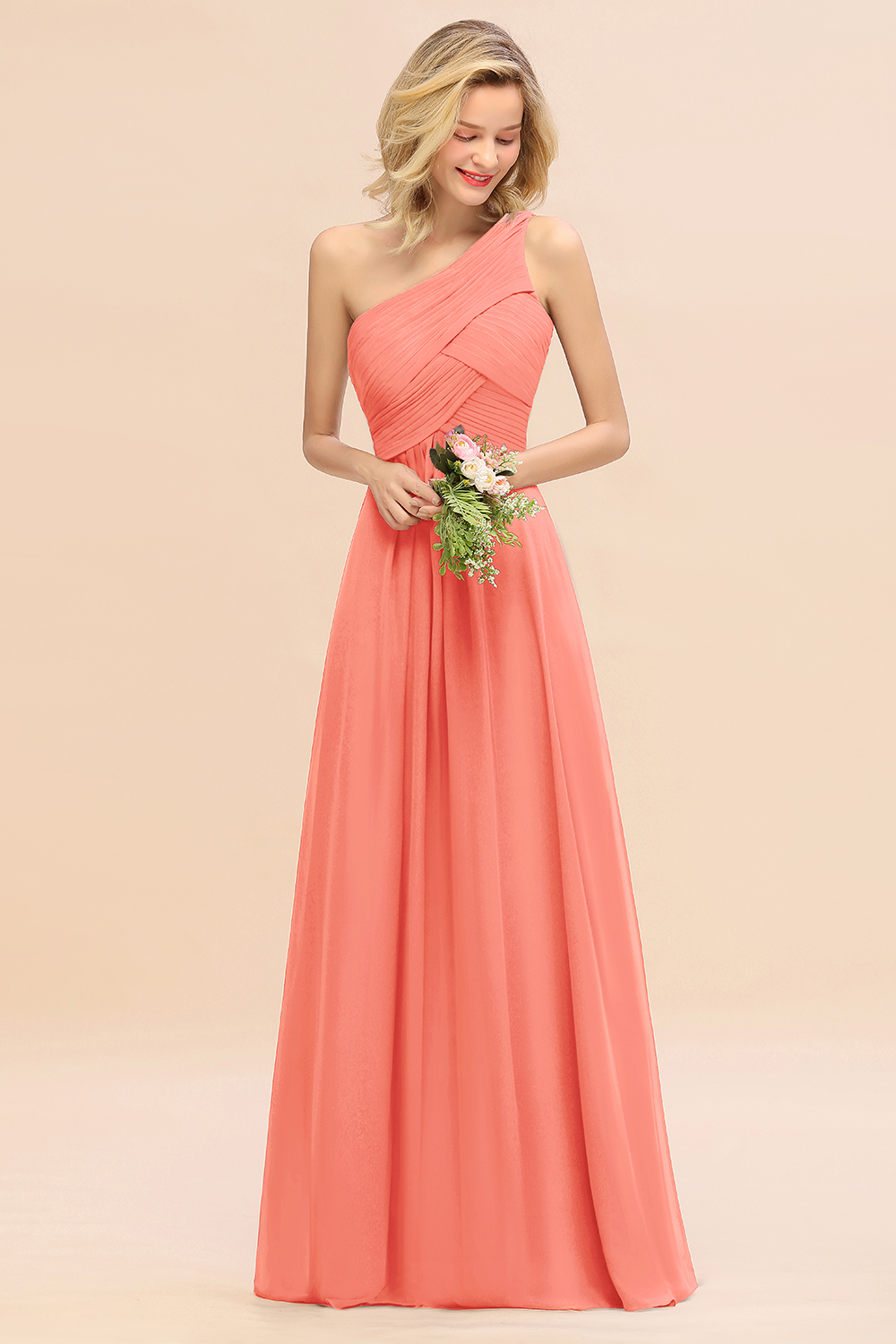 Elegant Coral A-line Chiffon Ruffles One Shoulder Long Bridesmaid Dress