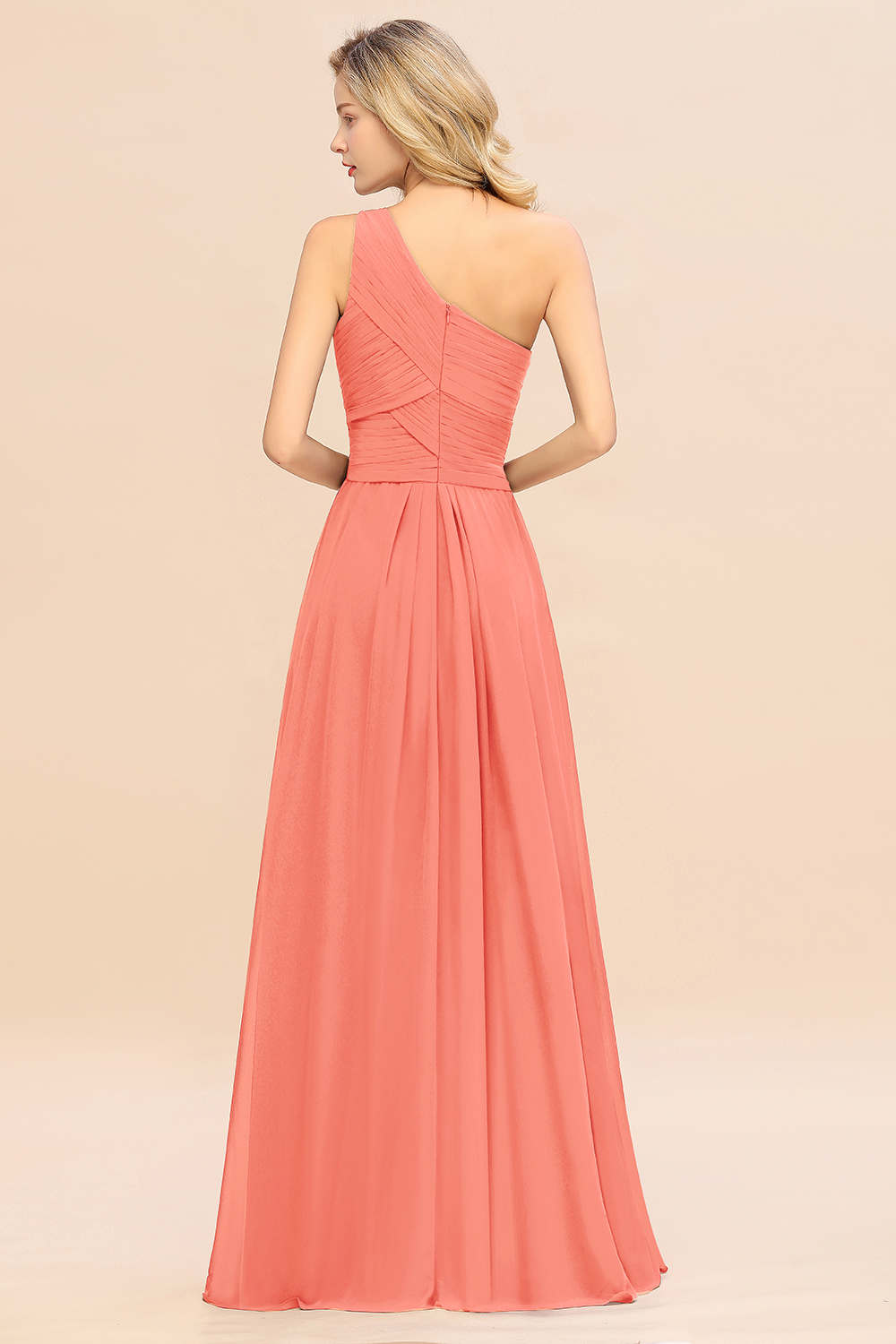 Elegant Coral A-line Chiffon Ruffles One Shoulder Long Bridesmaid Dress