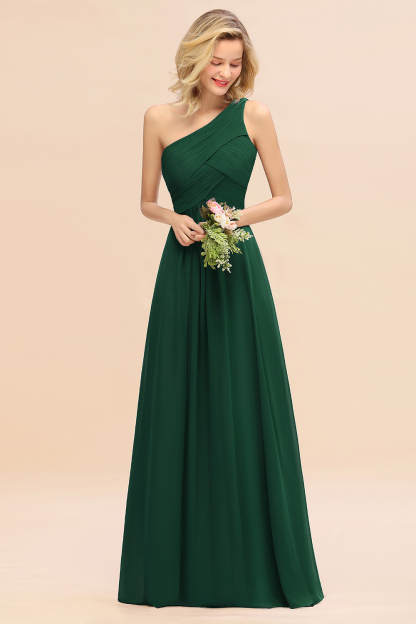 Elegant Dark Green A-line Chiffon Ruffles One Shoulder Long Bridesmaid Dress