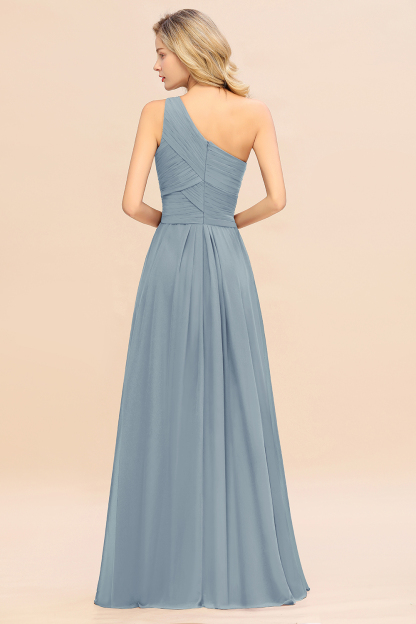 Elegant Dusty Blue A-line Chiffon Ruffles One Shoulder Long Bridesmaid Dress