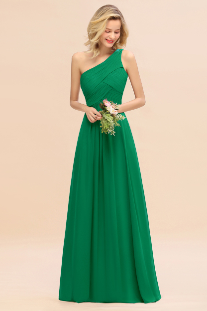 Elegant Emerald A-line Chiffon Ruffles One Shoulder Long Bridesmaid Dress