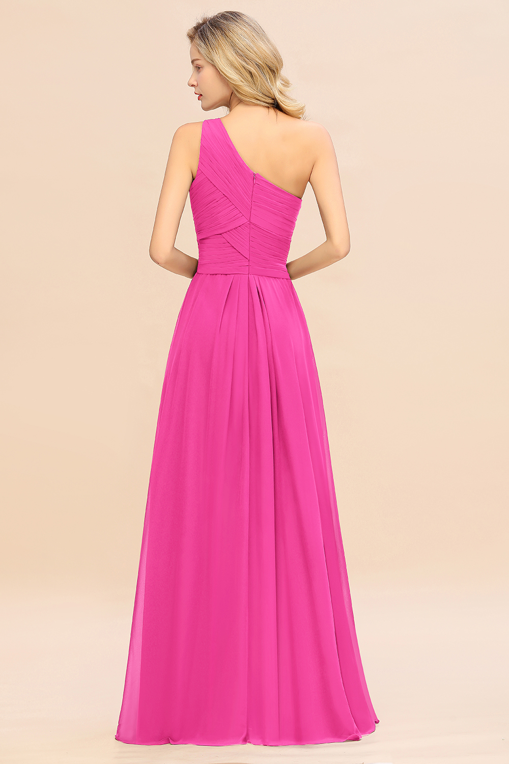 Elegant Fuchsia A-line Chiffon Ruffles One Shoulder Long Bridesmaid Dress