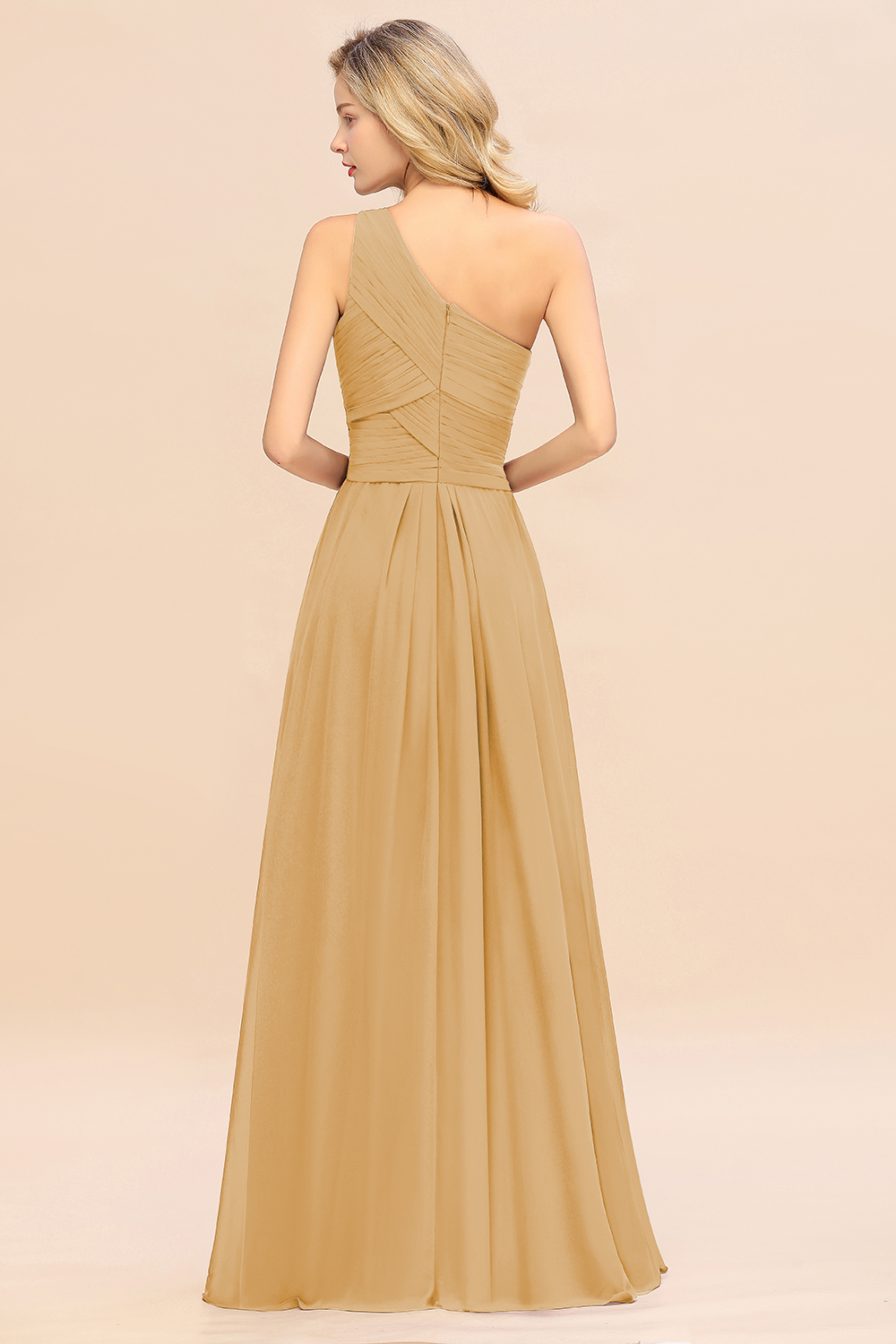 Elegant Gold A-line Chiffon Ruffles One Shoulder Long Bridesmaid Dress