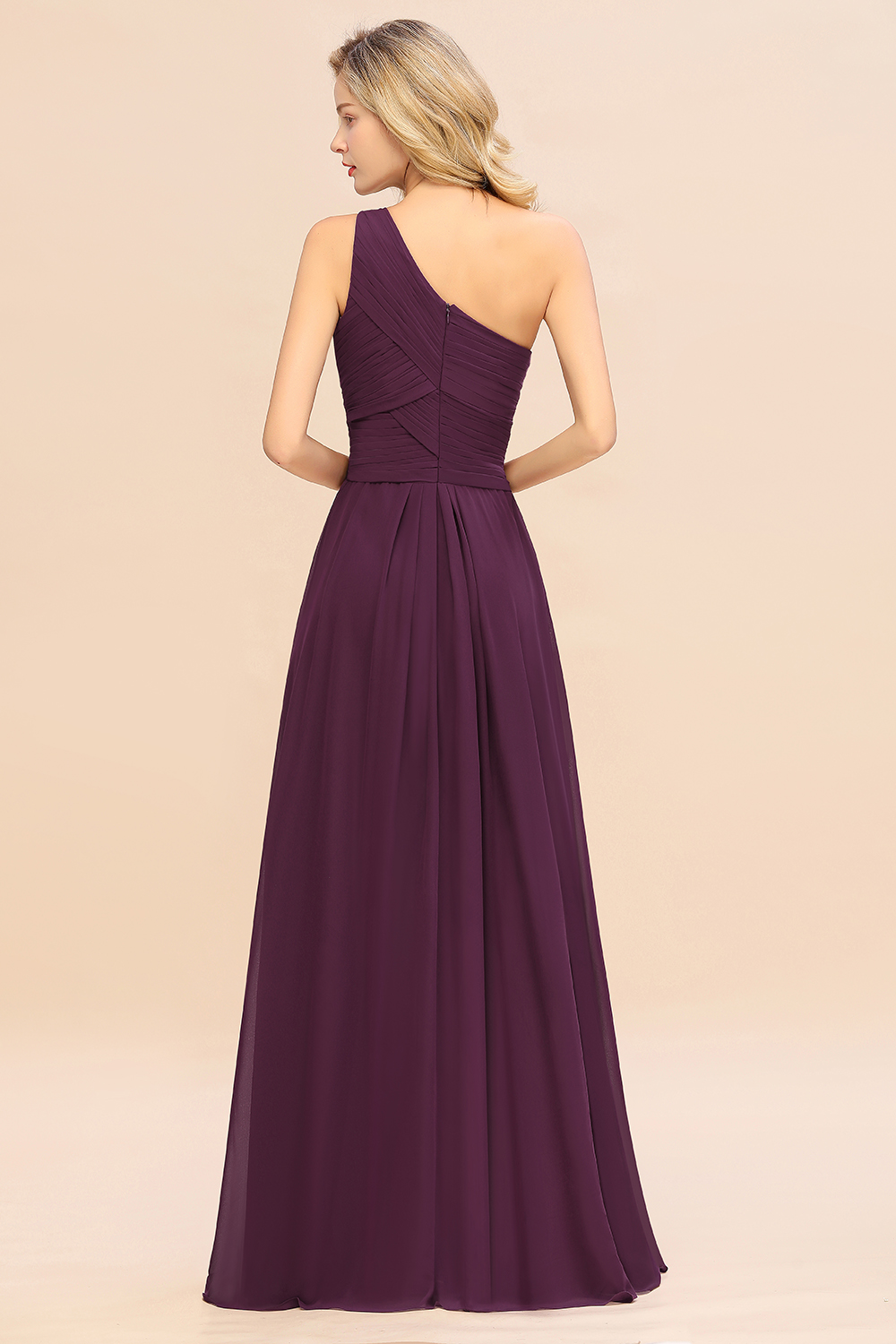 Elegant Grape A-line Chiffon Ruffles One Shoulder Long Bridesmaid Dress