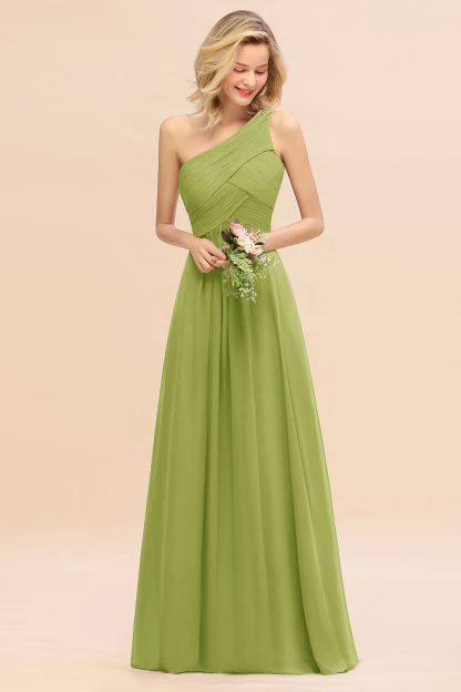 Elegant Green A-line Chiffon Ruffles One Shoulder Long Bridesmaid Dress