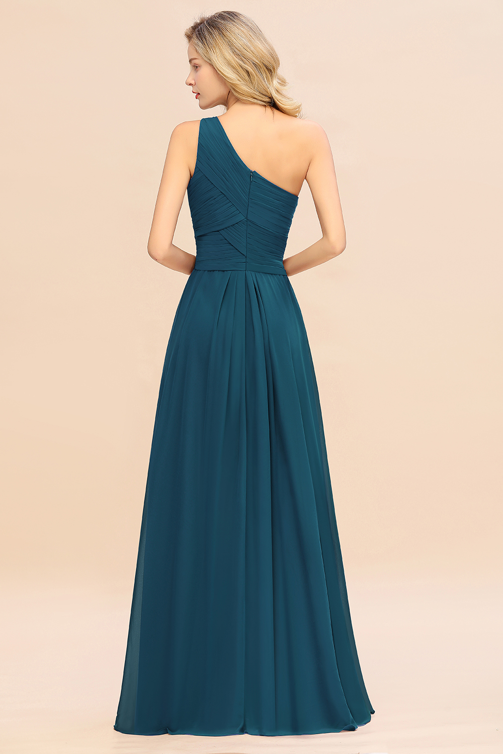 Elegant Ink Blue A-line Chiffon Ruffles One Shoulder Long Bridesmaid Dress