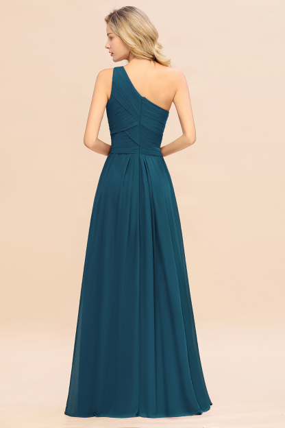Elegant Ink Blue A-line Chiffon Ruffles One Shoulder Long Bridesmaid Dress