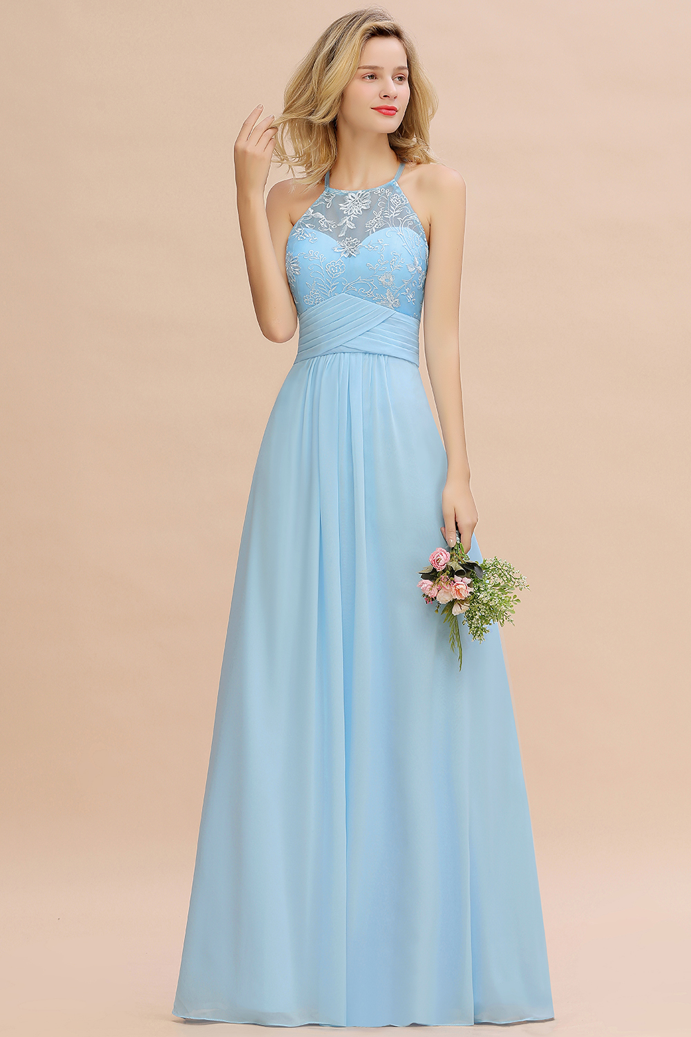 Elegant Long A-line Appliques Jewel Sleeveless Bridesmaid Dress