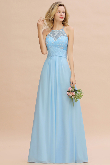 Elegant Long A-line Appliques Jewel Sleeveless Bridesmaid Dress
