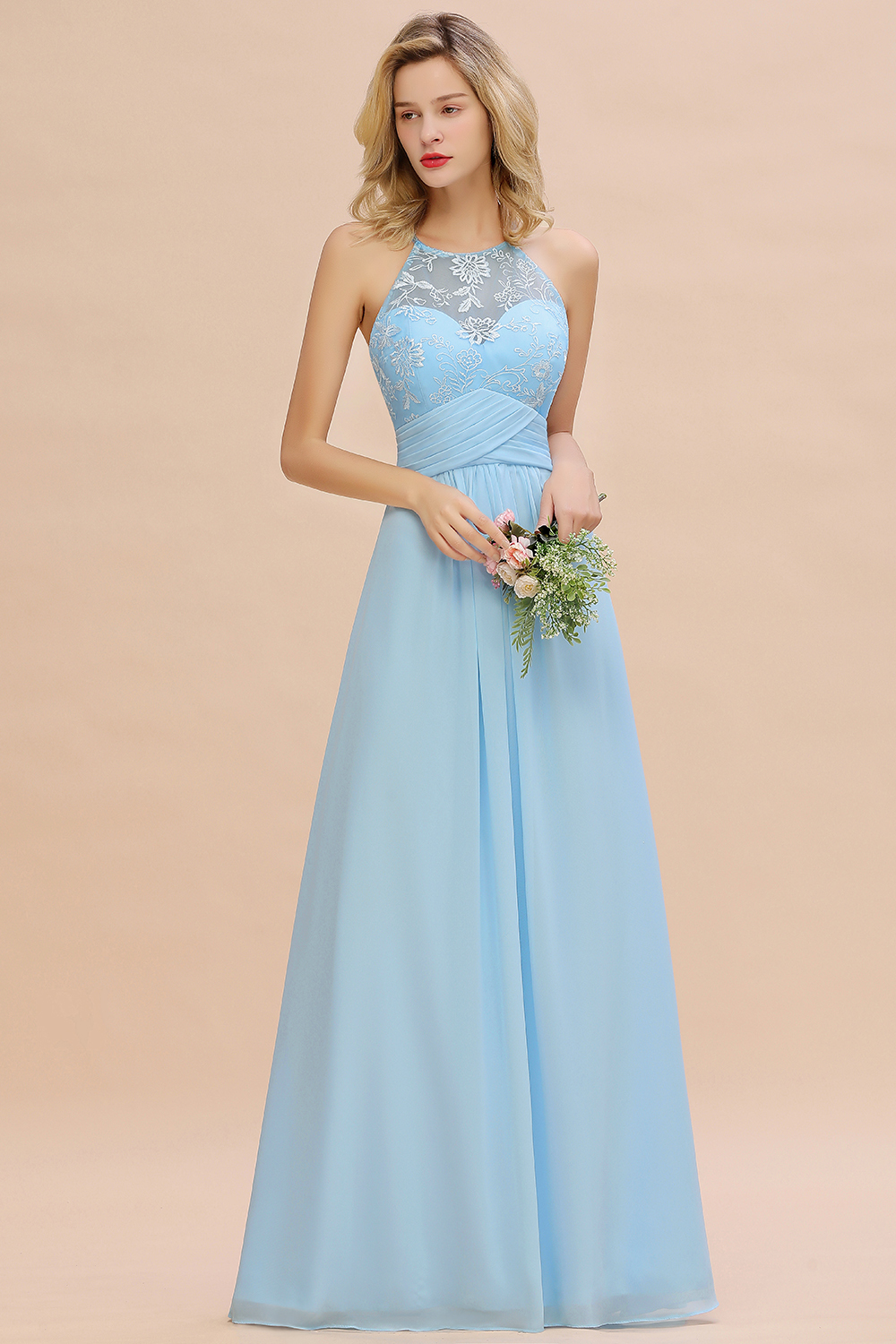 Elegant Long A-line Appliques Jewel Sleeveless Bridesmaid Dress