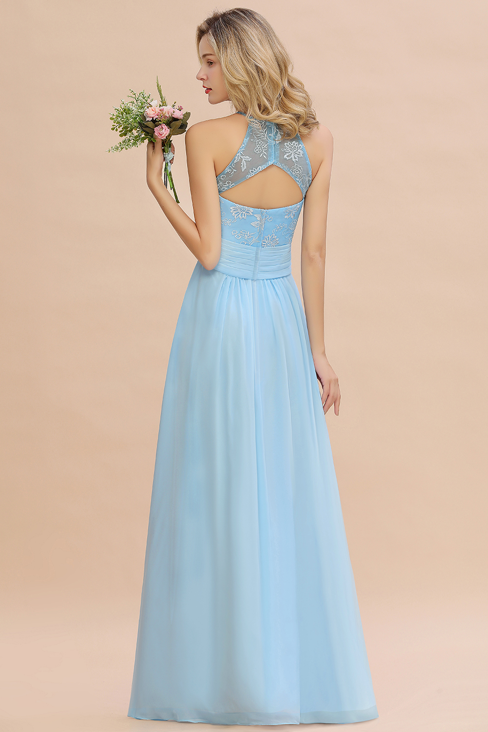 Elegant Long A-line Appliques Jewel Sleeveless Bridesmaid Dress
