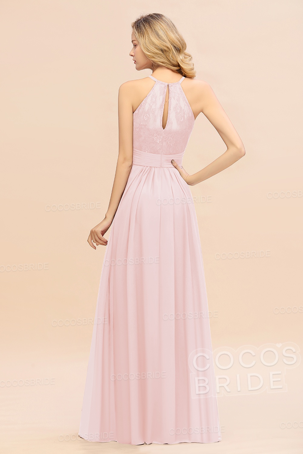 Elegant Long A-line Chiffon Halter Ruffles Sleeveless Lace Bridesmaid Dress