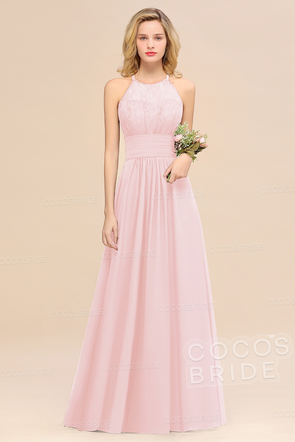 Elegant Long A-line Chiffon Halter Ruffles Sleeveless Lace Bridesmaid Dress