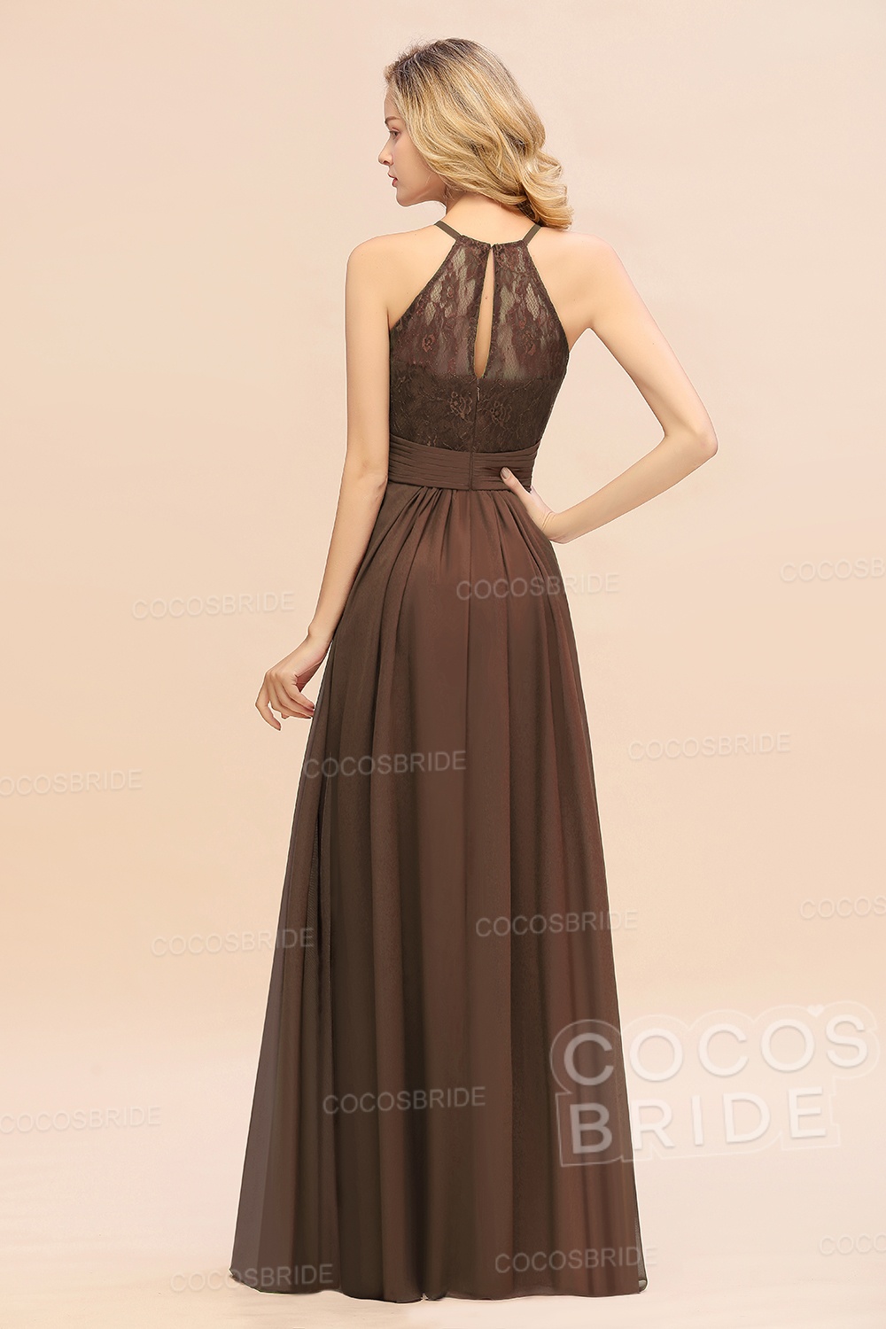 Elegant Long A-line Chiffon Halter Ruffles Sleeveless Lace Bridesmaid Dress