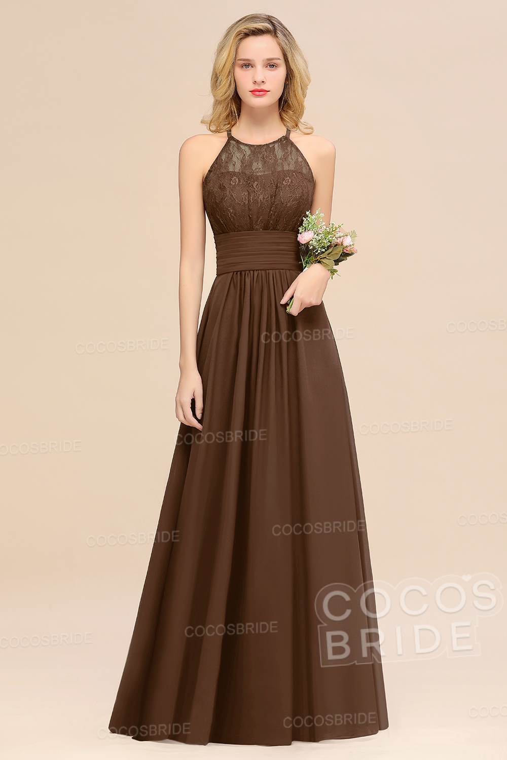 Elegant Long A-line Chiffon Halter Ruffles Sleeveless Lace Bridesmaid Dress