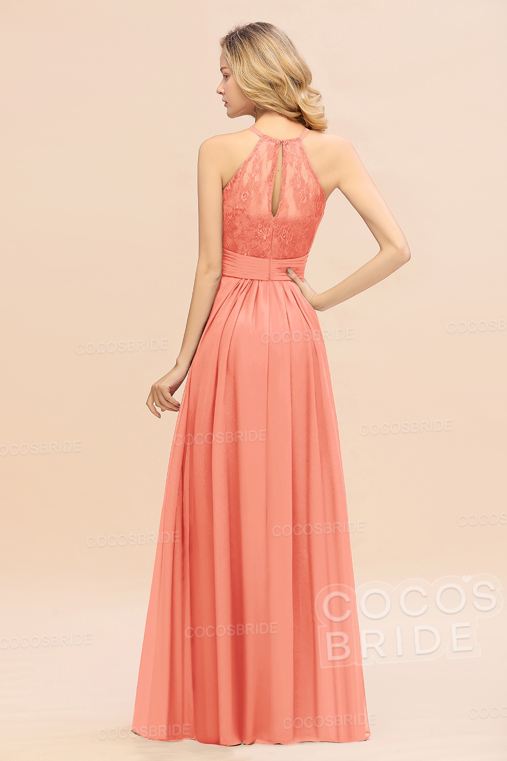 Elegant Long A-line Chiffon Halter Ruffles Sleeveless Lace Bridesmaid Dress