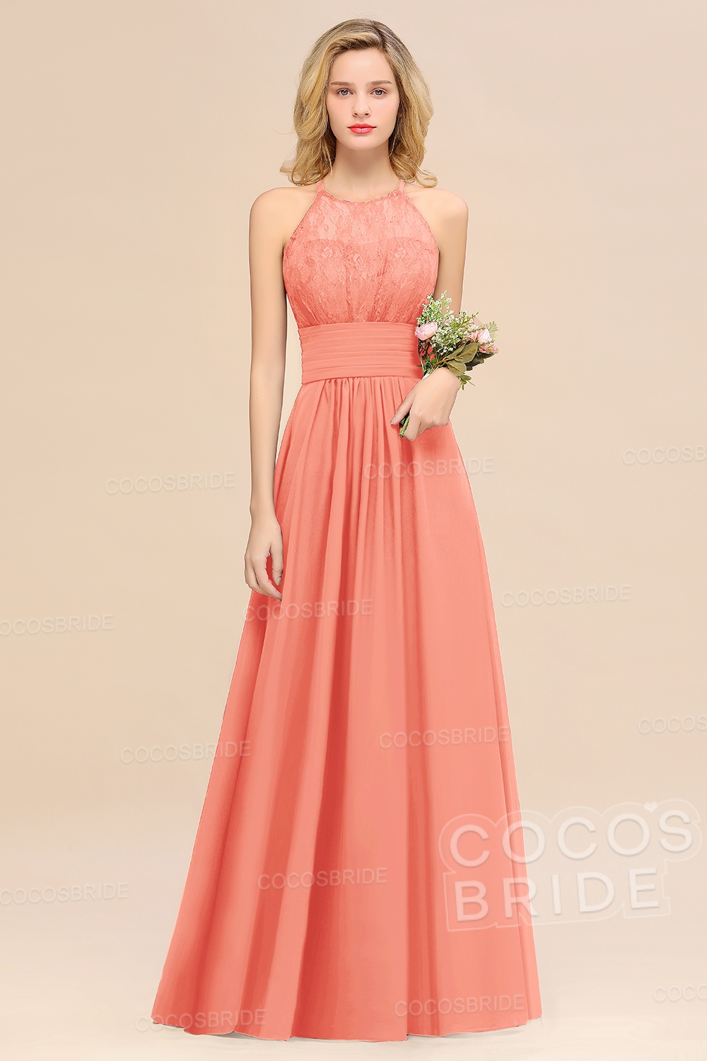 Elegant Long A-line Chiffon Halter Ruffles Sleeveless Lace Bridesmaid Dress