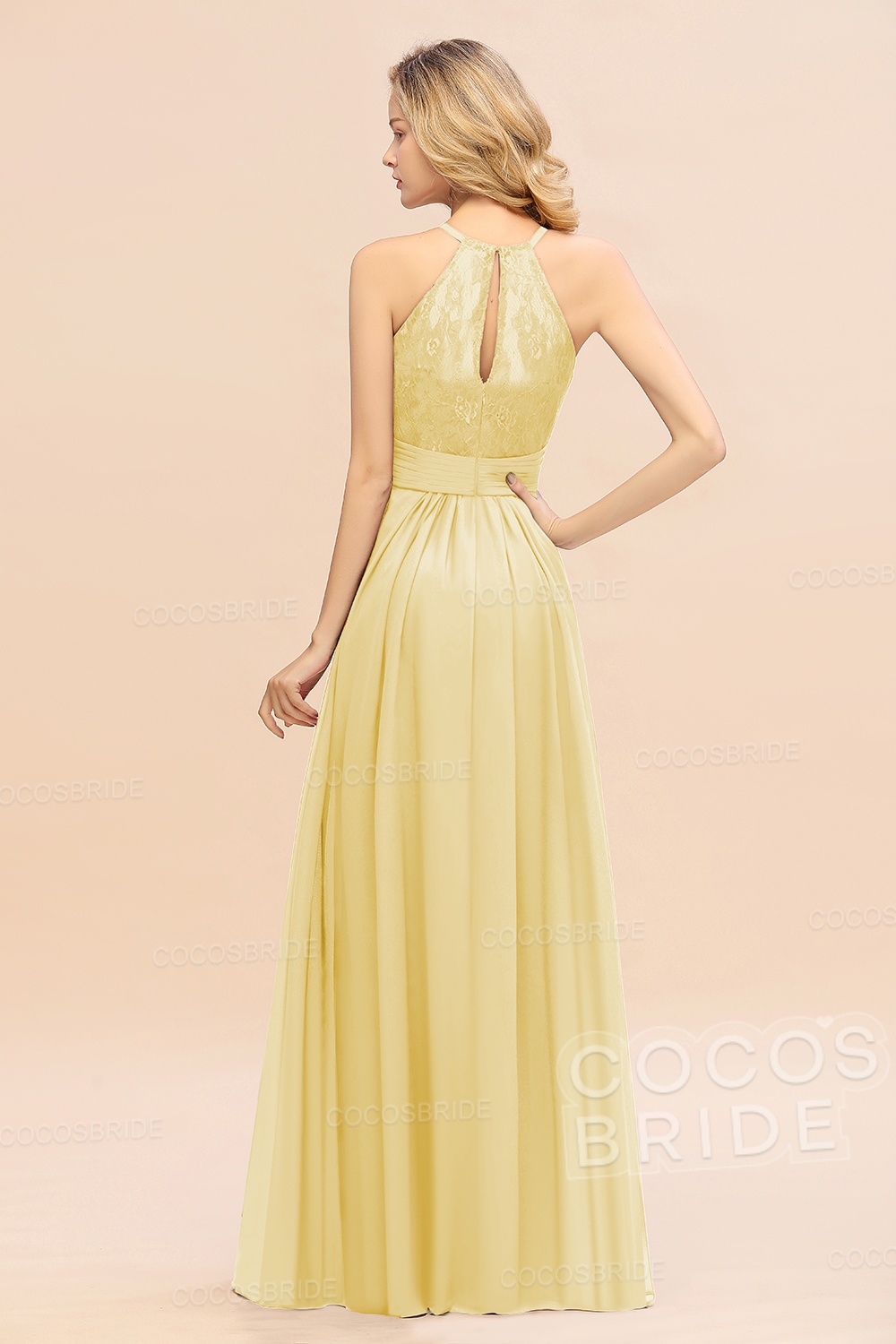 Elegant Long A-line Chiffon Halter Ruffles Sleeveless Lace Bridesmaid Dress