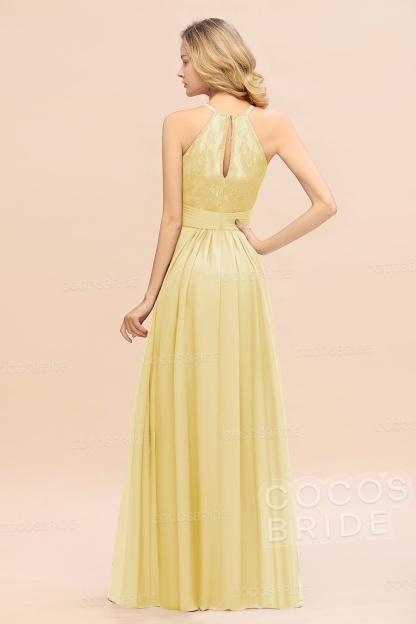 Elegant Long A-line Chiffon Halter Ruffles Sleeveless Lace Bridesmaid Dress