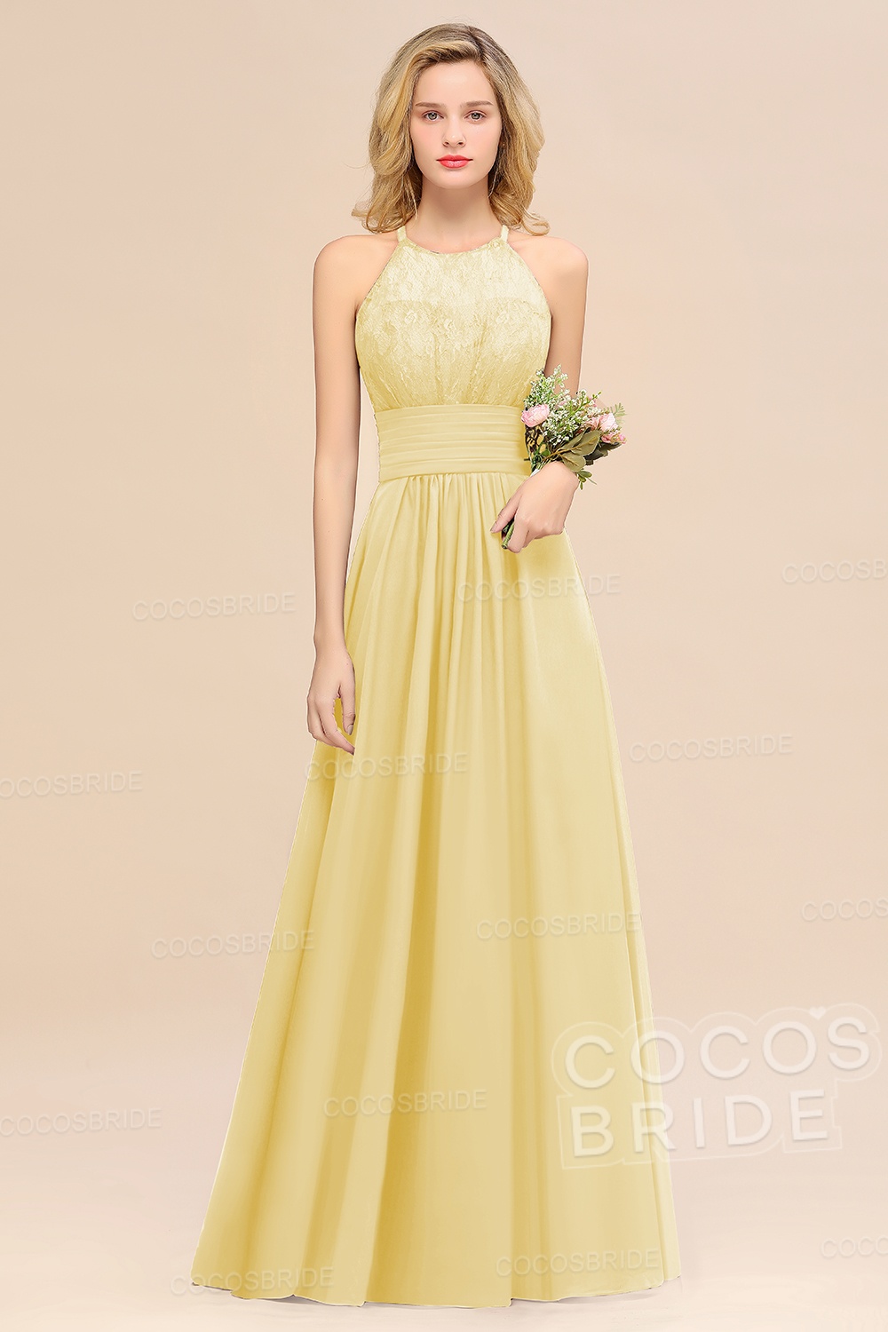 Elegant Long A-line Chiffon Halter Ruffles Sleeveless Lace Bridesmaid Dress