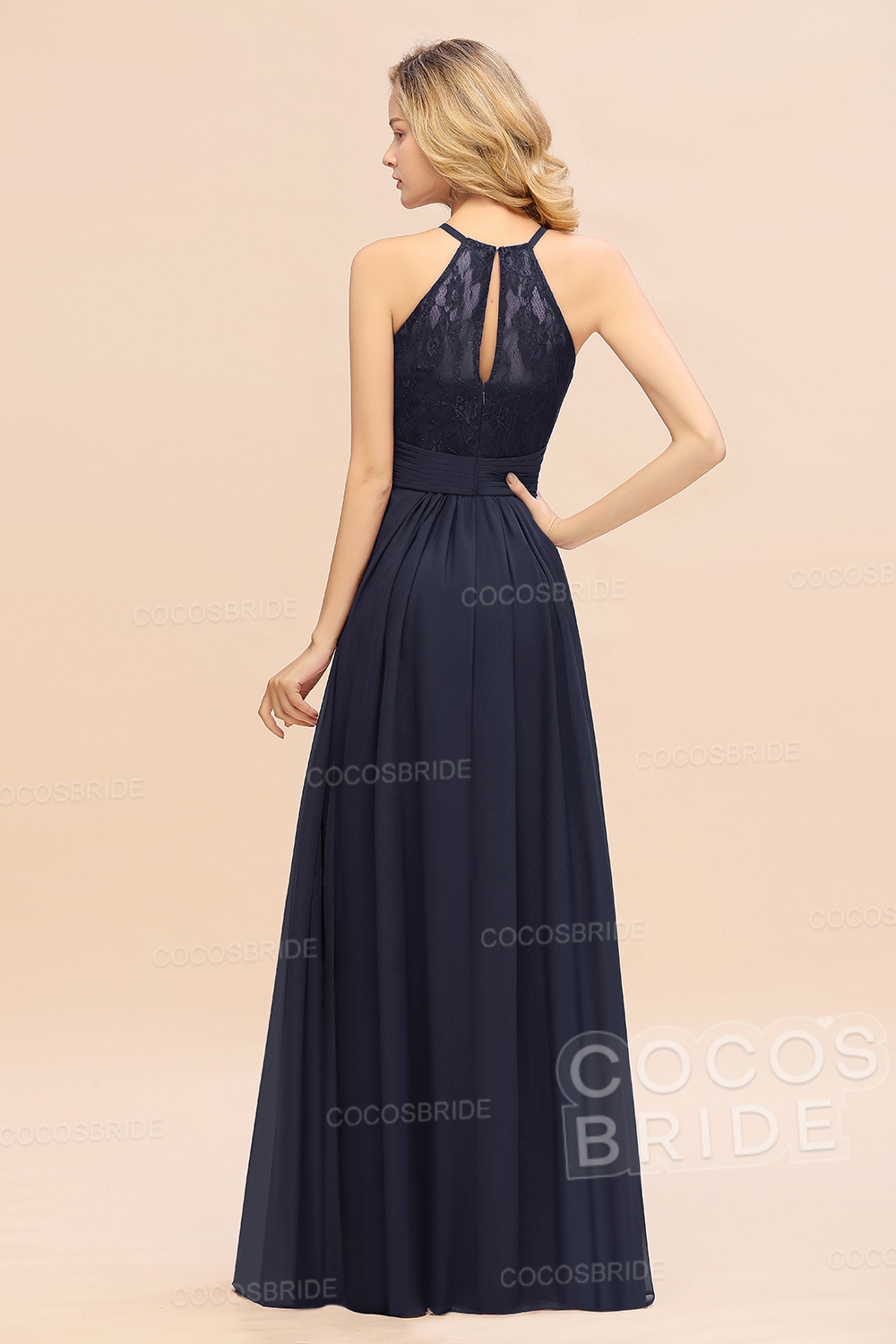 Elegant Long A-line Chiffon Halter Ruffles Sleeveless Lace Bridesmaid Dress