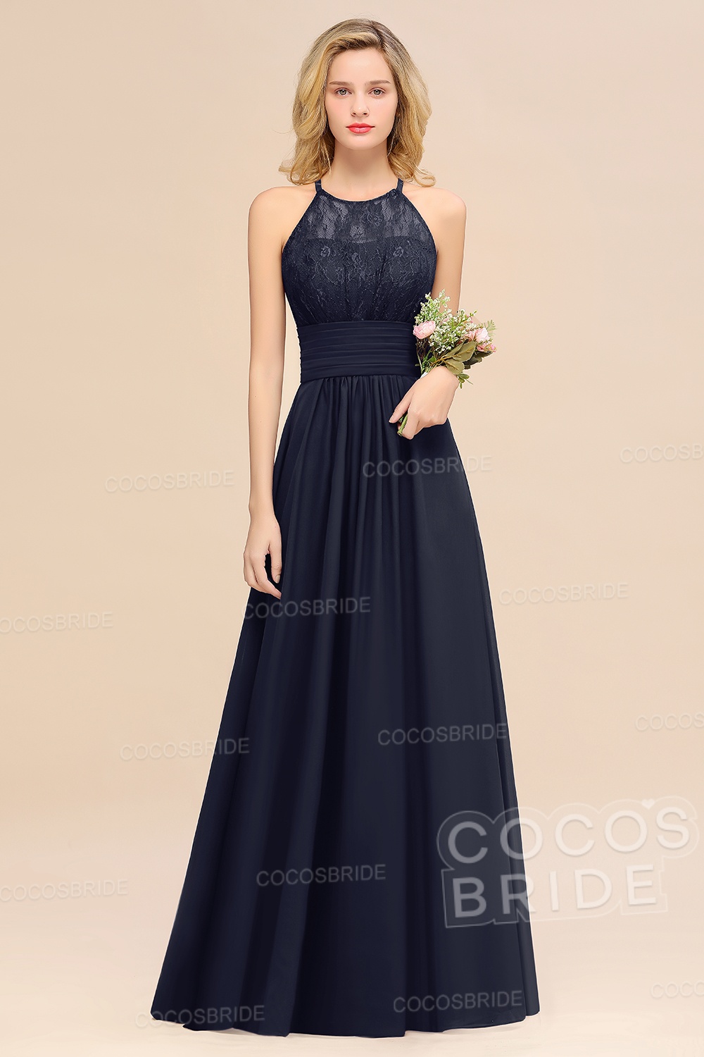Elegant Long A-line Chiffon Halter Ruffles Sleeveless Lace Bridesmaid Dress
