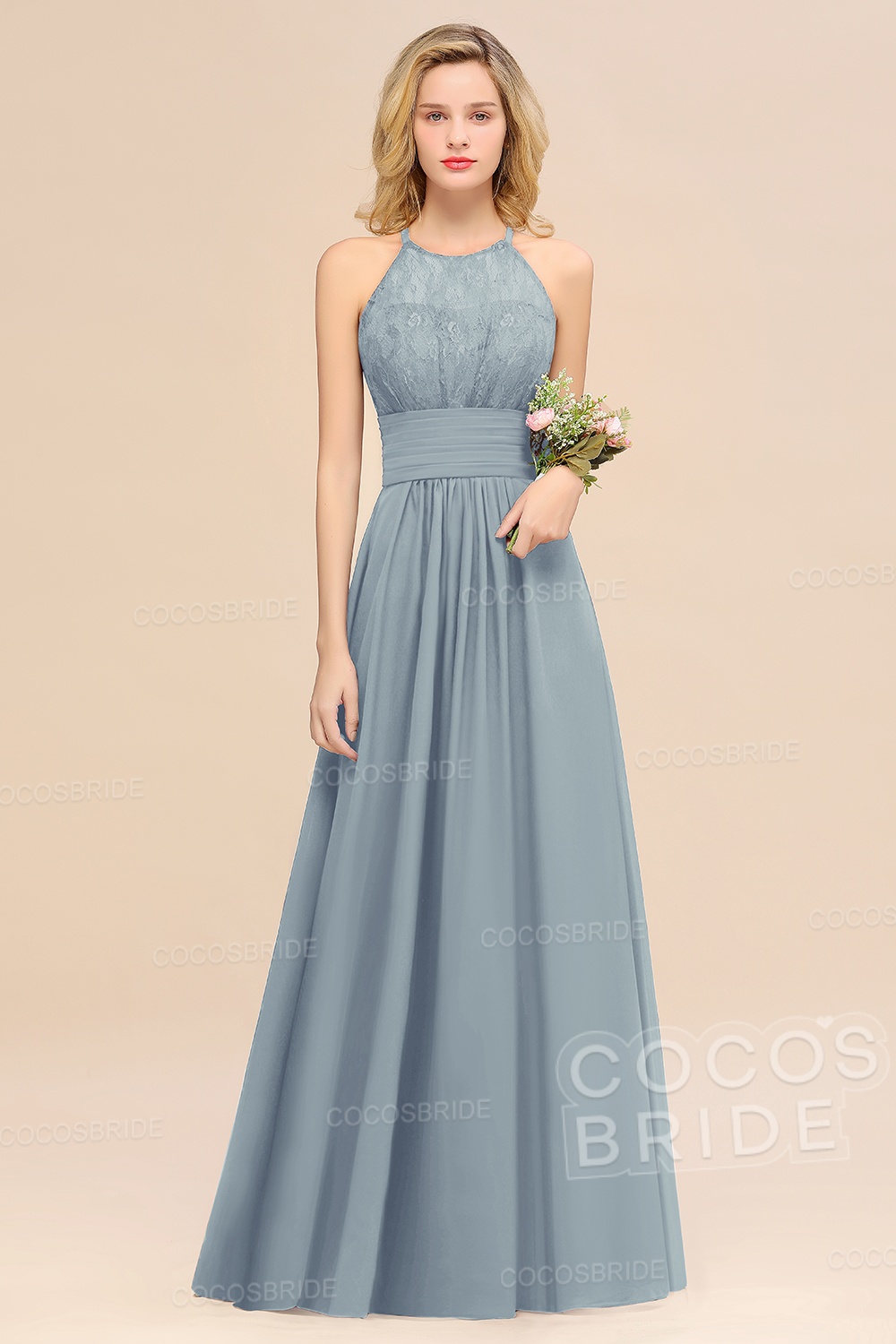 Elegant Long A-line Chiffon Halter Ruffles Sleeveless Lace Bridesmaid Dress