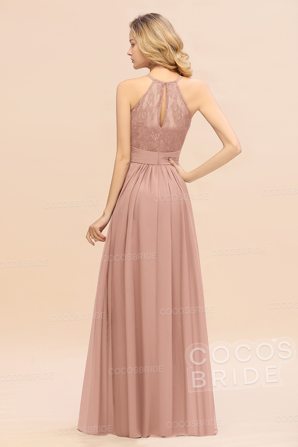 Elegant Long A-line Chiffon Halter Ruffles Sleeveless Lace Bridesmaid Dress