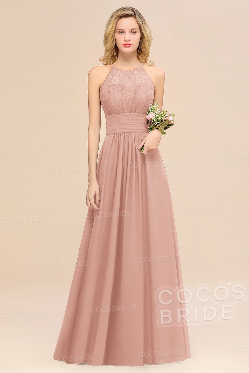 Elegant Long A-line Chiffon Halter Ruffles Sleeveless Lace Bridesmaid Dress