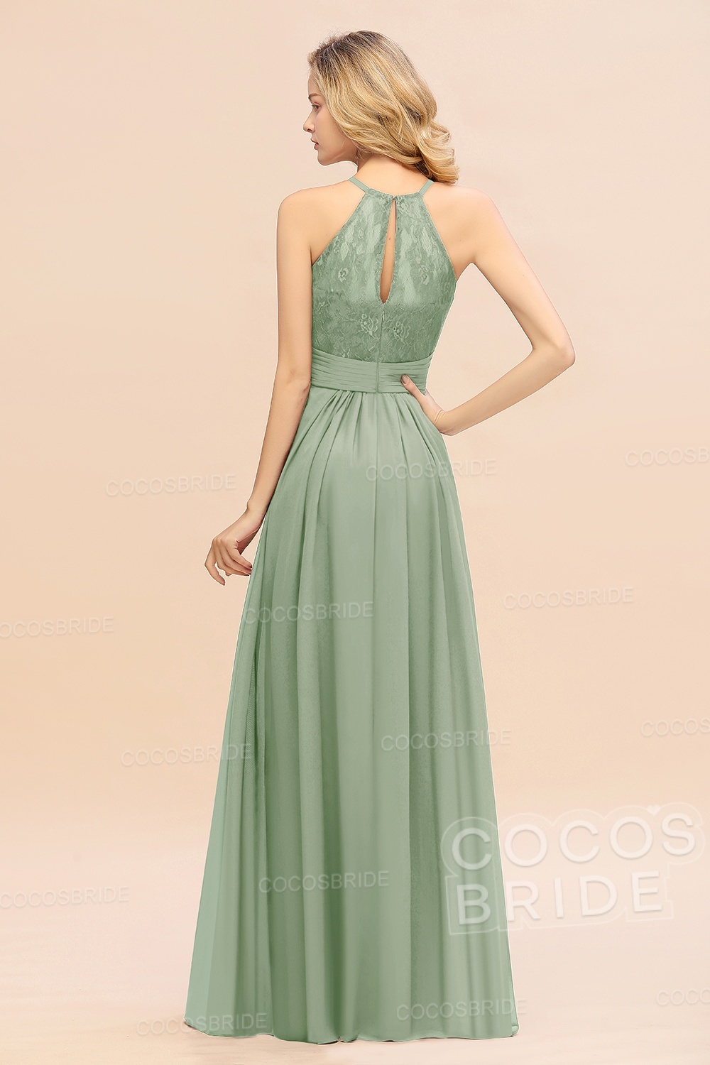 Elegant Long A-line Chiffon Halter Ruffles Sleeveless Lace Bridesmaid Dress