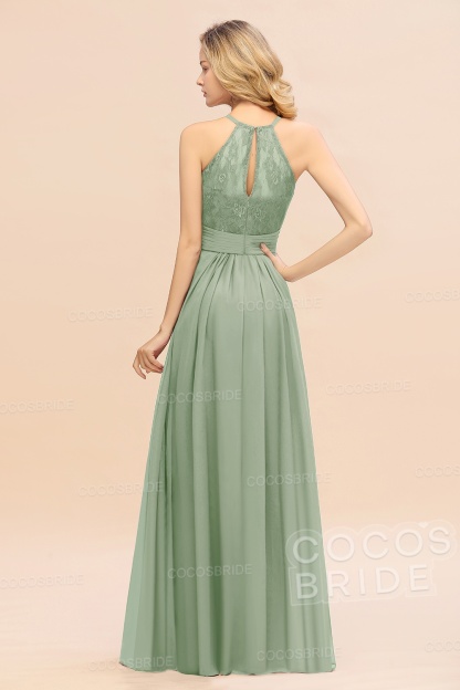 Elegant Long A-line Chiffon Halter Ruffles Sleeveless Lace Bridesmaid Dress