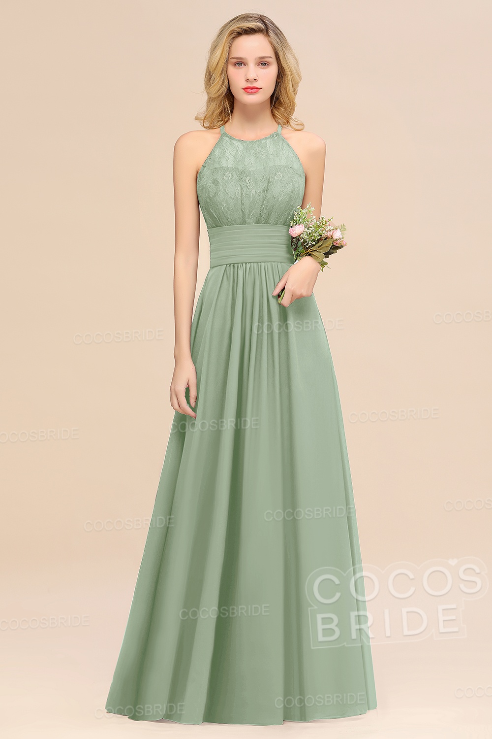 Elegant Long A-line Chiffon Halter Ruffles Sleeveless Lace Bridesmaid Dress