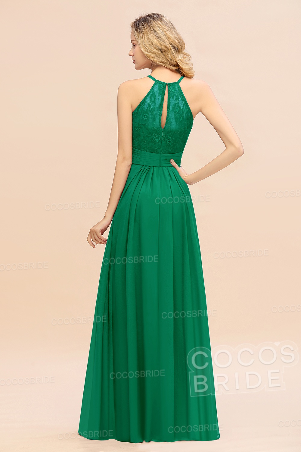 Elegant Long A-line Chiffon Halter Ruffles Sleeveless Lace Bridesmaid Dress