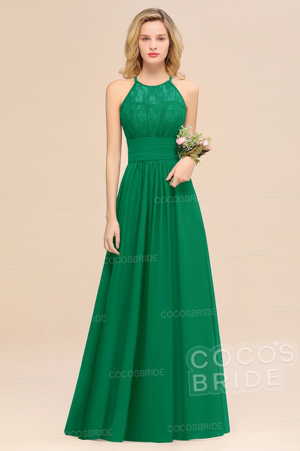 Elegant Long A-line Chiffon Halter Ruffles Sleeveless Lace Bridesmaid Dress