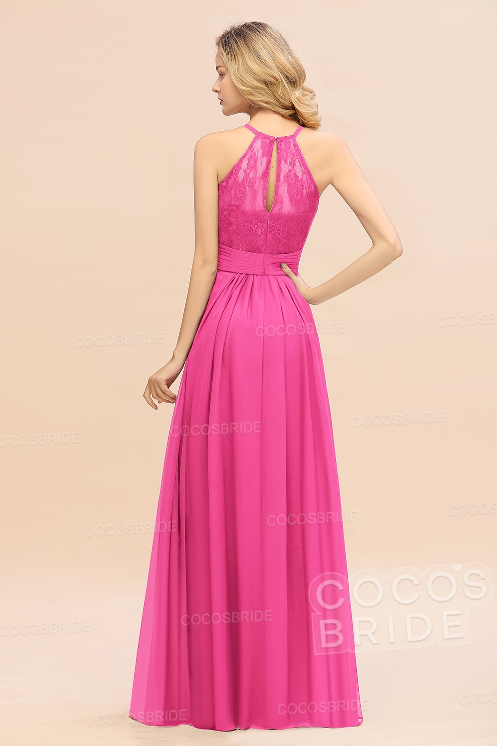 Elegant Long A-line Chiffon Halter Ruffles Sleeveless Lace Bridesmaid Dress