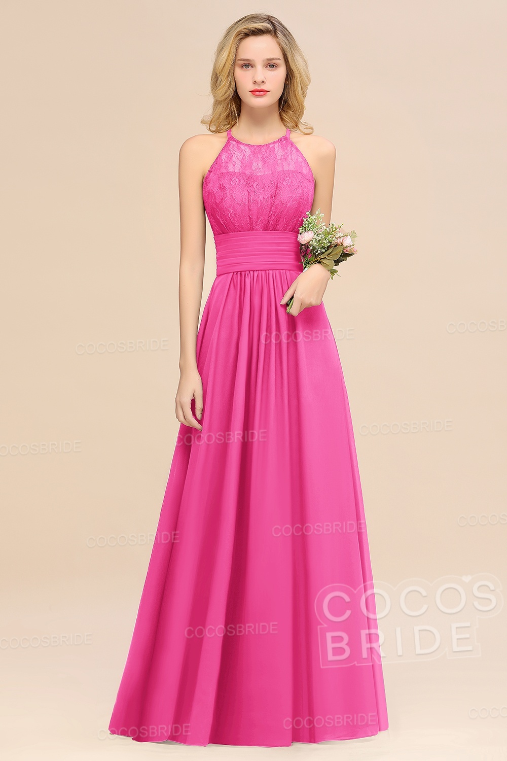 Elegant Long A-line Chiffon Halter Ruffles Sleeveless Lace Bridesmaid Dress