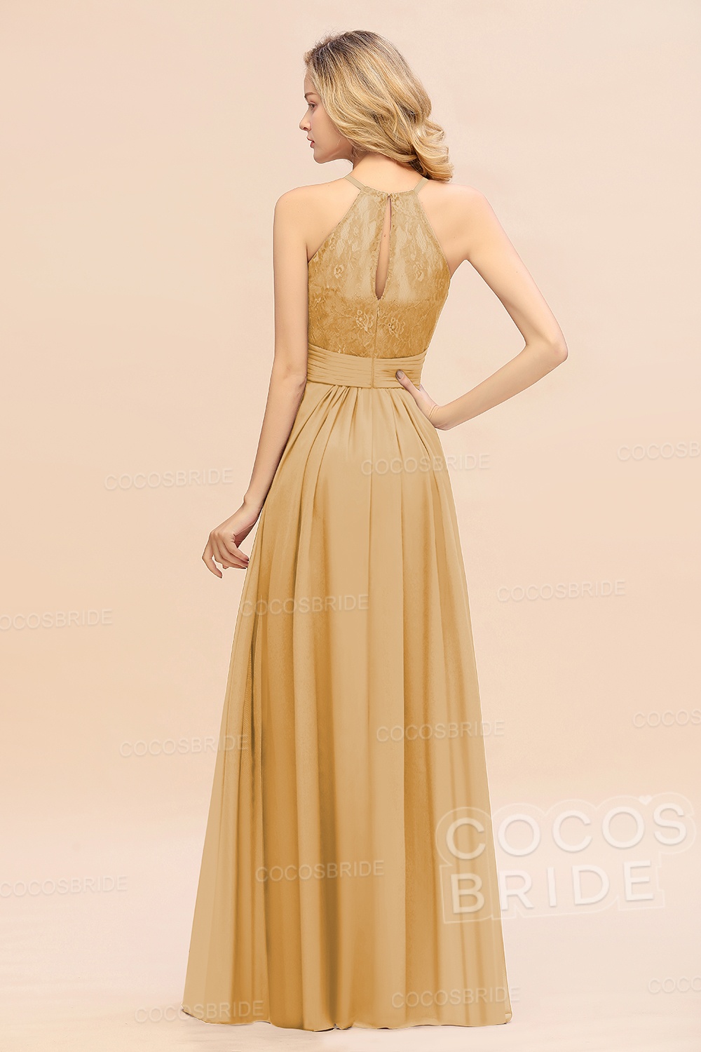 Elegant Long A-line Chiffon Halter Ruffles Sleeveless Lace Bridesmaid Dress