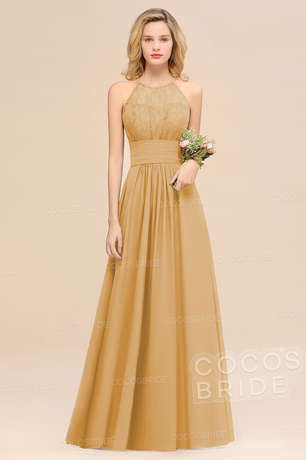 Elegant Long A-line Chiffon Halter Ruffles Sleeveless Lace Bridesmaid Dress