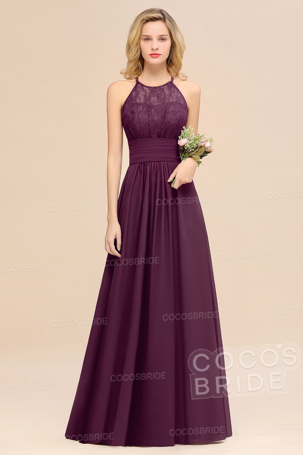 Elegant Long A-line Chiffon Halter Ruffles Sleeveless Lace Bridesmaid Dress