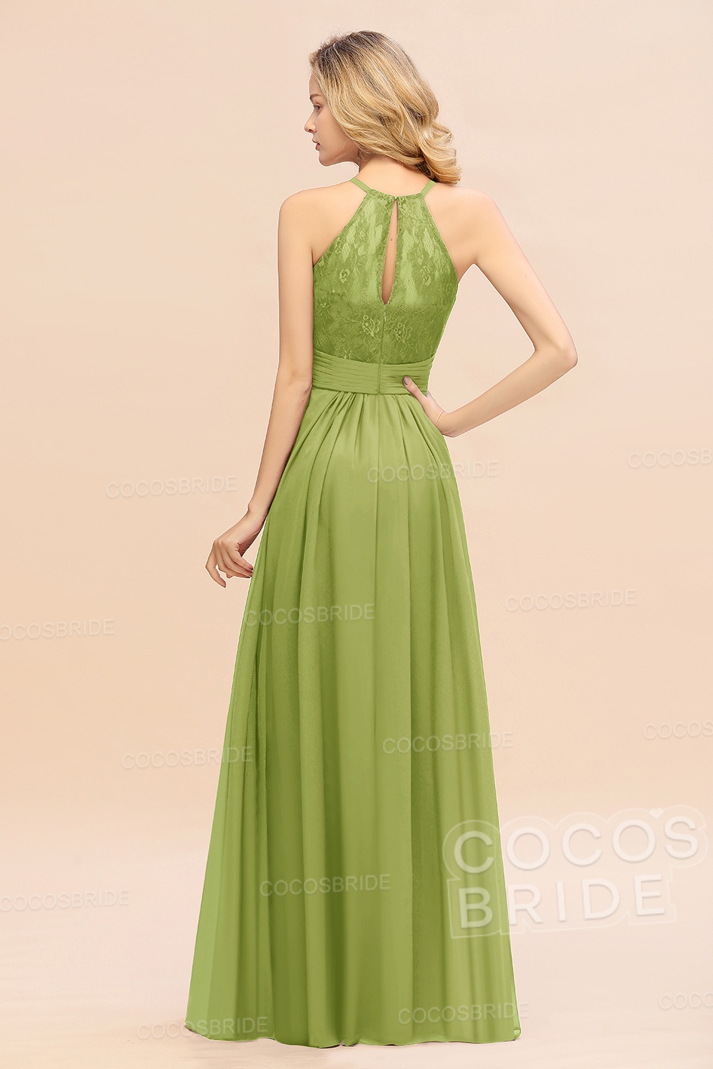 Elegant Long A-line Chiffon Halter Ruffles Sleeveless Lace Bridesmaid Dress