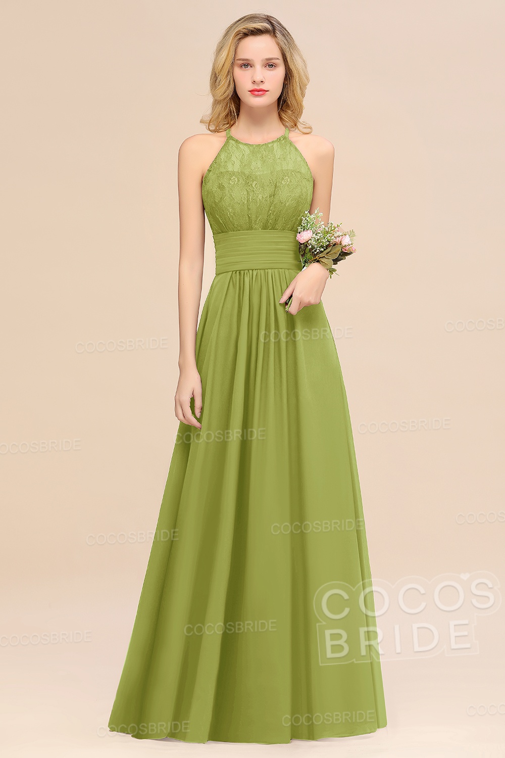 Elegant Long A-line Chiffon Halter Ruffles Sleeveless Lace Bridesmaid Dress