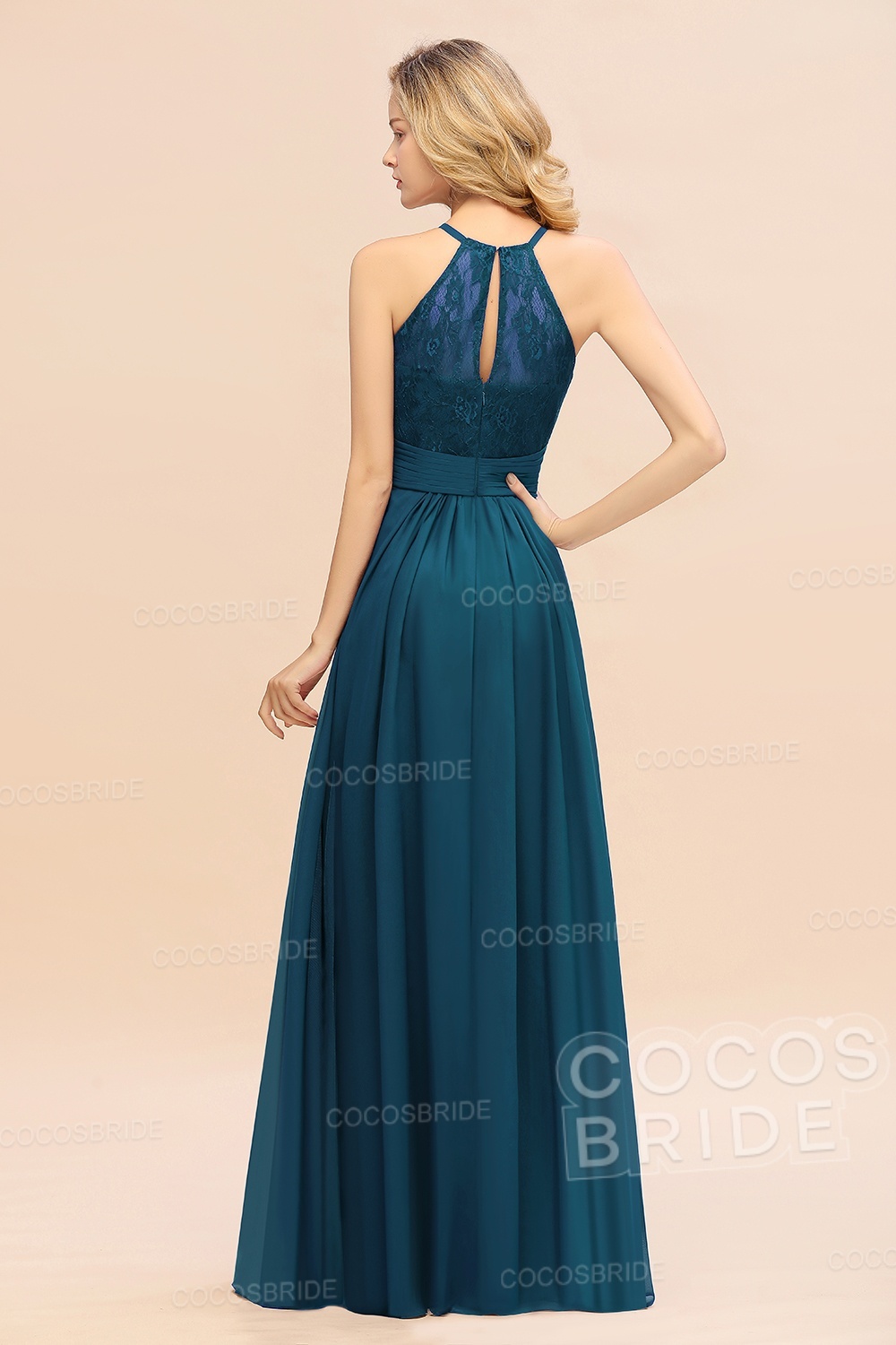 Elegant Long A-line Chiffon Halter Ruffles Sleeveless Lace Bridesmaid Dress