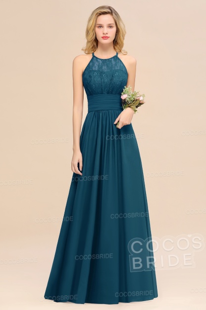 Elegant Long A-line Chiffon Halter Ruffles Sleeveless Lace Bridesmaid Dress