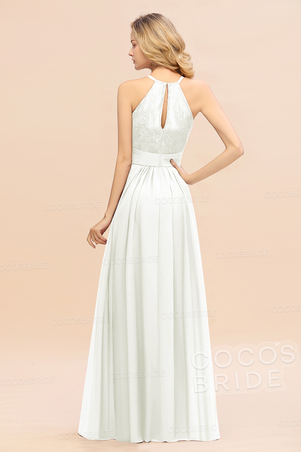 Elegant Long A-line Chiffon Halter Ruffles Sleeveless Lace Bridesmaid Dress