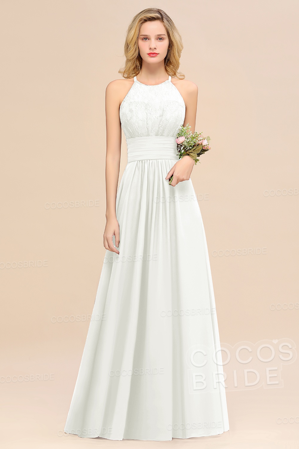 Elegant Long A-line Chiffon Halter Ruffles Sleeveless Lace Bridesmaid Dress