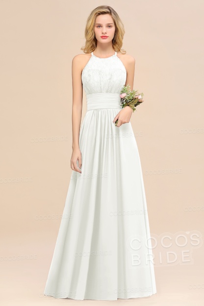 Elegant Long A-line Chiffon Halter Ruffles Sleeveless Lace Bridesmaid Dress